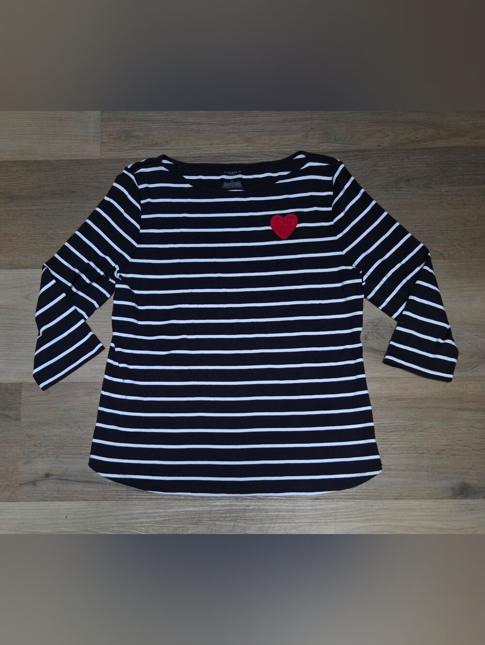 Talbots Black & White Striped Long Sleeve Top with Red Heart Patch